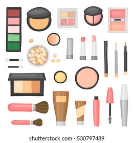 Cartoon collection of decorative cosmetics. Different beauty makeup products including powder, concealer, blushes, mascara, lipstick, foundation, eye shadows, brushes isolated on white background.
