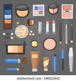 Cartoon collection of decorative cosmetics. Different beauty makeup products including powder, concealer, blushes, mascara, lipstick, foundation, eye shadows, brushes isolated on chalkboard.