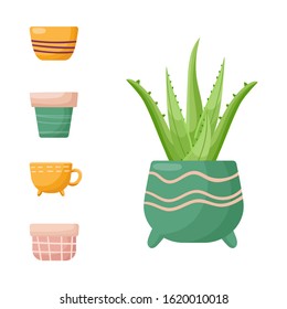 Cartoon collection of different pots and aloe vera plant. Vector illustration isolated on white background. Graphic of aloe and cactus stock symbol for web.