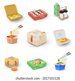 Cartoon collection of different types of food in packages, take away meal, fast food. Vector quick lunch or drink, sweets, various national dishes. Idea of eating, food, eat and run isolated on white