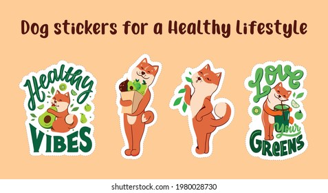 The cartoon collection  of dogs with lettering phrases. The set of stickers  for a healthy vibes. The vector illustration