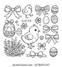 Colección de dibujos animados de Elementos de Pascua, flores, huevos, pollos, arcos, hojas, ramo de primavera. Conjunto lindo de Pascua. Vector lineal gráfico dibujo libro para colorear.