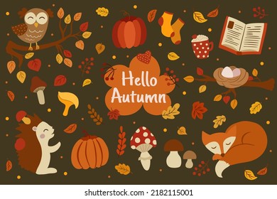 Cartoon collection of fall season vector elements. Hello autumn vector banner