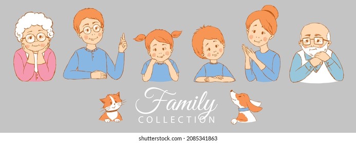 Cartoon collection of family: mother, father, son, daugter, grandfather, grandmother, cat and dog, hand-drawn.