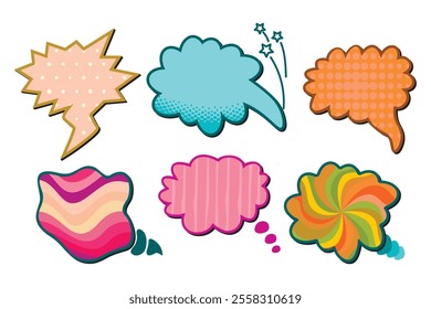 Cartoon collection of footnotes for text.Colorful speech bubbles of different shapes and textures.Vector designs isolated on white background.Abstract shapes for use in banner,card.Flat illustration.