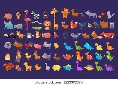 Cartoon collection of funny animals. Colorful elements for children s book, education card, mobile game or sticker. Wildlife concept. Flat vector design