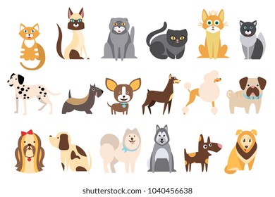 Cartoon collection of funny cats and dogs of different breeds. Domestic animals. Home pets. Human's best friends. Flat vector design for pet shop or vet clinic