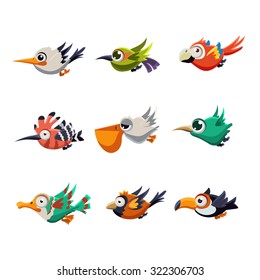 Cartoon collection of funny colourful flying profiles of birds vector illustration set