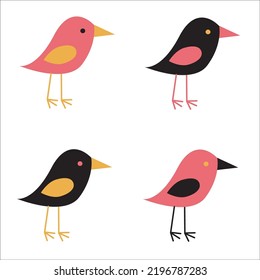 Cartoon Collection With Funny Little Bird Family, Children Illustration. Cute Birds In Pastel Pink And Yellow Colors. 