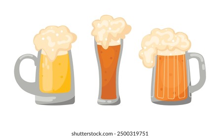 Cartoon collection of glasses filled with beer.Foaming drink in mugs  isolated on white background.Vector designs set for use in banner template,flyer,card,stickers.Beer festival flat illustration.