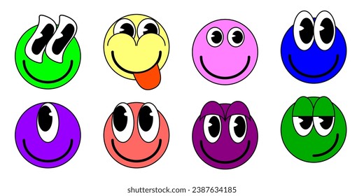 Cartoon Collection of Groovy funny cartoon smile characters, vintage. Funky comic bright emoticon stickers