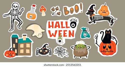 Cartoon collection of Halloween characters stickers.Skeletons, dog, pumpkins with faces, house with cute ghost,spider with hat,  black cat,cobweb,potion,mushrooms,handwritten.Vector flat illustration.