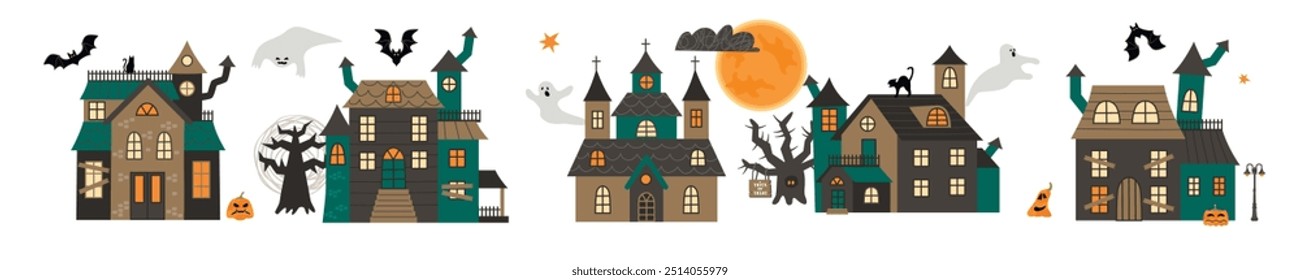 Colección de dibujos animados de la aldea de Halloween aislada sobre fondo blanco. Casas y castillo encantados, gatos negros, fantasmas, árboles de miedo, luna, murciélagos, calabazas. Diseños de Vector establecidos para tarjeta, Anuncio, pegatinas, invitación.