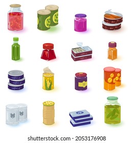 Cartoon collection of home manufacturing of food preservation. Vector organic jams, fish, meat, veggies in jars. Concept of winter food supply, home cooking isolated on white background