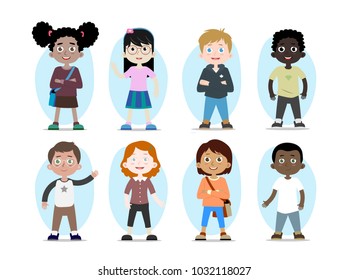 Cartoon collection of kids characters, various human races. Vector children personages of different nationalities
