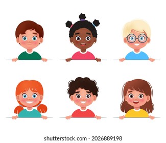 Cartoon collection of little boys and girls portraits, different human races. Vector children's characters of different nationalities with a white blank. Kids holding banner
