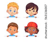 Cartoon collection of little boys portraits, various human races. Vector children characters of different nationalities with billboard.
