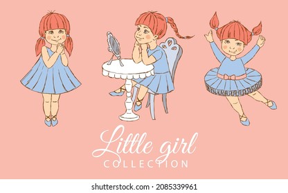 Cartoon collection of little girls, hand-drawn.