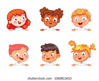 Cartoon collection of little kids portraits. Children of different nationalities are holding blank poster. Ready for your message. Space for text. Funny cartoon character. Isolated on white