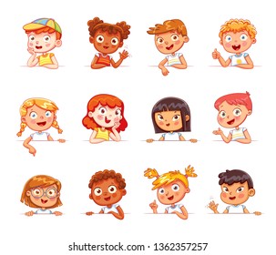 Cartoon collection of little kids portraits. Children of different nationalities and various gestures holding empty white board. Lots of copyspace for your text and logo. Place for text. Blank banner