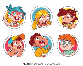 Cartoon collection of little kids portraits. Children of different nationalities and various gestures holding empty white board. Children peek out of the symbolic circle. Place for text. Blank banner