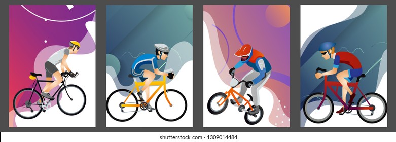 Cartoon collection of men with different types of bicycles