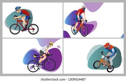 Cartoon collection of men with different types of bicycles