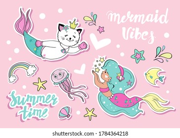 Cartoon collection with mermaid, cat mermaid and sea inhabitants. Fashion patches