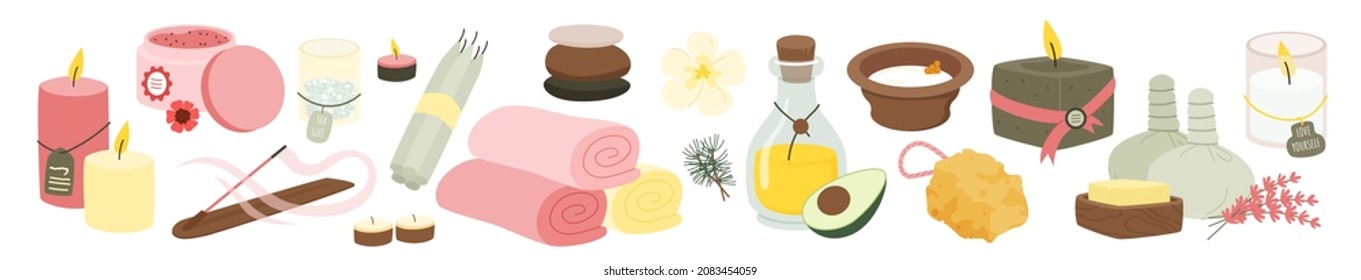 Cartoon collection with oil and relax stones for massage, candle for zen therapy and treatment, natural frangipani flowers and bath towels isolated on white. Spa salon wellness set vector illustration