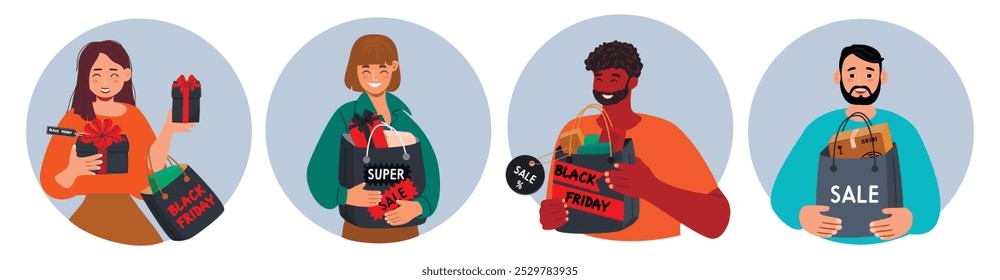 Cartoon collection of people holding bags and gifts.Happy men and women with Black Friday packaging and tags.Characters of different nationalities.Vector designs set on white.Flat color illustration.