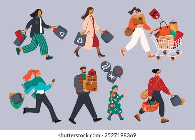 Cartoon collection of people running to the sale.Male and female characters with bags, boxes, cart, basket,gift.Hand lettered Black Friday balloons.Vector designs isolated on gray.Flat color style.