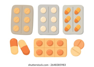 Cartoon collection of pills, capsules and blisters. Flat vector medical illustration for pharmacy theme.