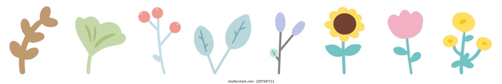 Cartoon collection of plants. Cute branches and flowers in flat hand drawn style. Different decor elements. Vector illustration
