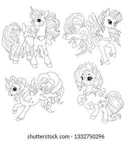 Cartoon collection of ponies. Fairy unicorns. Vector unicorns on a white background. Pony for coloring book. Pages for children's creativity.