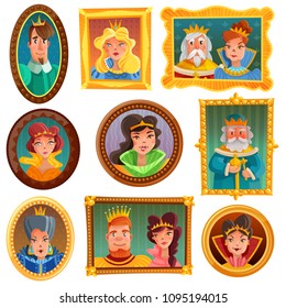 Cartoon collection of princesses and queens portraits in vintage frames on white wall isolated vector illustration  