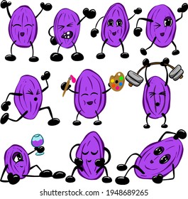 Cartoon Collection of Raisin Berry Characters Drinking Wine Pumping Weights and Being Artistic