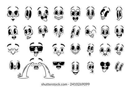 Colección de dibujos animados de personajes retro emmoji. Conjunto monocromo vectorial. Feliz, Sonríe Genial Y Llorando, Ojo De Vino