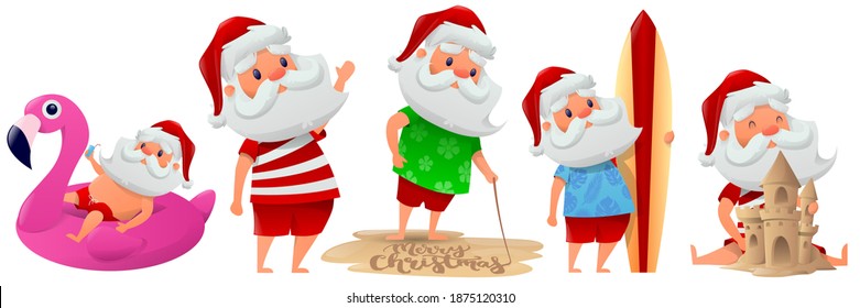 Cartoon collection of Santa at the sea. Santa cartoon characters with different emotions and items. Merry Christmas greeting. Funny Santa Claus having a rest on a beach. Vector illustration