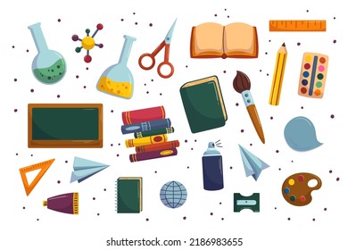 Cartoon collection with school equipment. Back to school supplies - chalkboard and books, chemistry tube. Hand drawn vector illustrations.