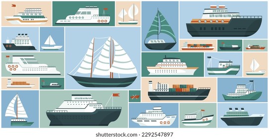 Cartoon collection with sea boat and yacht, cargo delivery transport with containers and ocean cruise liner, fishing sailboat and tanker in geometric collage background. Ships set vector illustration.