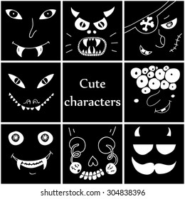 Cartoon collection - set of eight funny cartoon faces, monsters and characters