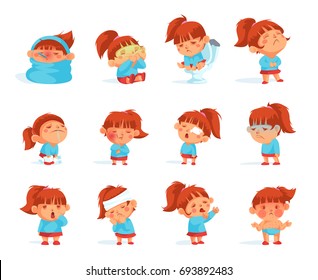 Cartoon Collection Of Sick Child Figurines  Infected Virus Having High Temperature Suffering From Headache Flat Isolated Vector Illustration