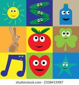 Cartoon collection with smilling vegetables; rabbit , bottle,star, heart, music note, sun to print on kitchen textile, napkins.