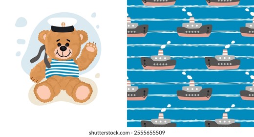 Cartoon collection  with teddy bear sailor and boat.Print with cute character in a striped shirt and cap.Seamless pattern with steam float on a striped background.Vector flat color illustration.