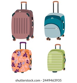 Cartoon collection with travel suitcase isolated on white background.Valises of different sizes and types.Handbags large and small, two-wheeled and four-wheeled.Vector design for banner,poster,card.