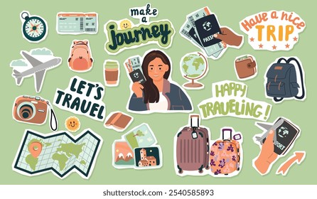 Coleção de desenhos animados de adesivos de viagem.Mulher com documentos, mão com passaporte e bilhetes, mochilas, malas, mapa do mundo e globo, câmera e fotos, lettering.Vetor conjunto de desenhos de cores planas.