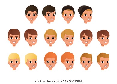 Cartoon collection of variety of boy s hair styles and colors. Kid with smiling face expression. Human head icons. Flat vector design for game avatar