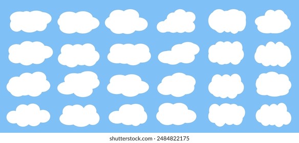 Colección de dibujos animados de nubes blancas en varias Formas. Ilustración vectorial sobre fondo azul claro.