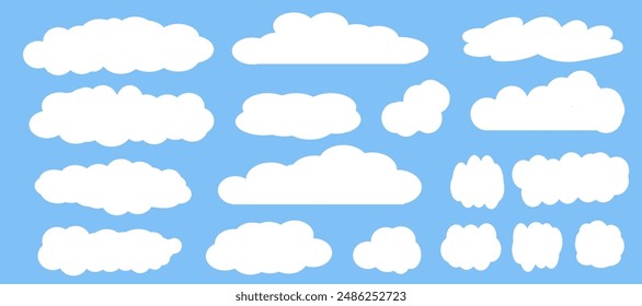 Cartoon Kollektion von weißen Wolken in verschiedenen Formen. Vektorillustration auf hellblauem Hintergrund.