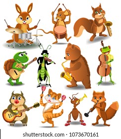 cartoon collection of wild animals playing instruments, like rabbit, bear, mouse, squirrel, frog, turtle, fox and owl